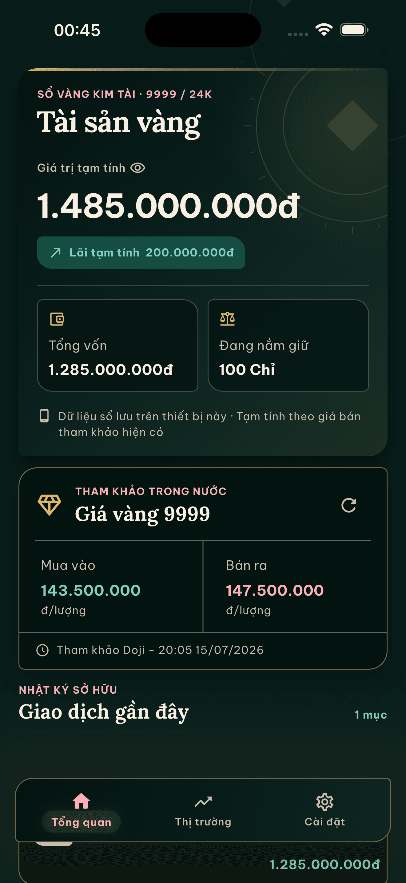 Màn hình tổng quan tài sản vàng trong ứng dụng Kim Tài