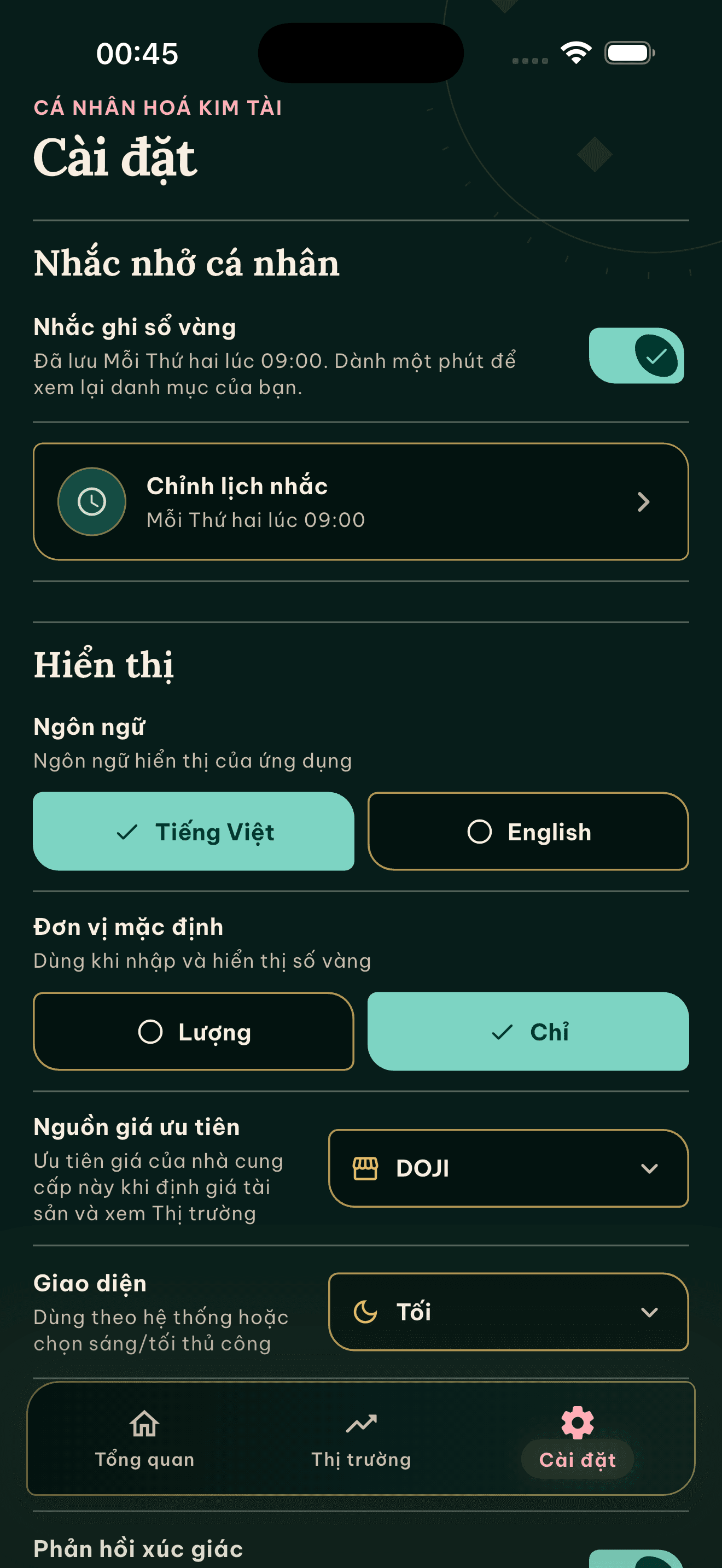Màn hình cài đặt ngôn ngữ, đơn vị và nhắc ghi sổ trong ứng dụng Kim Tài